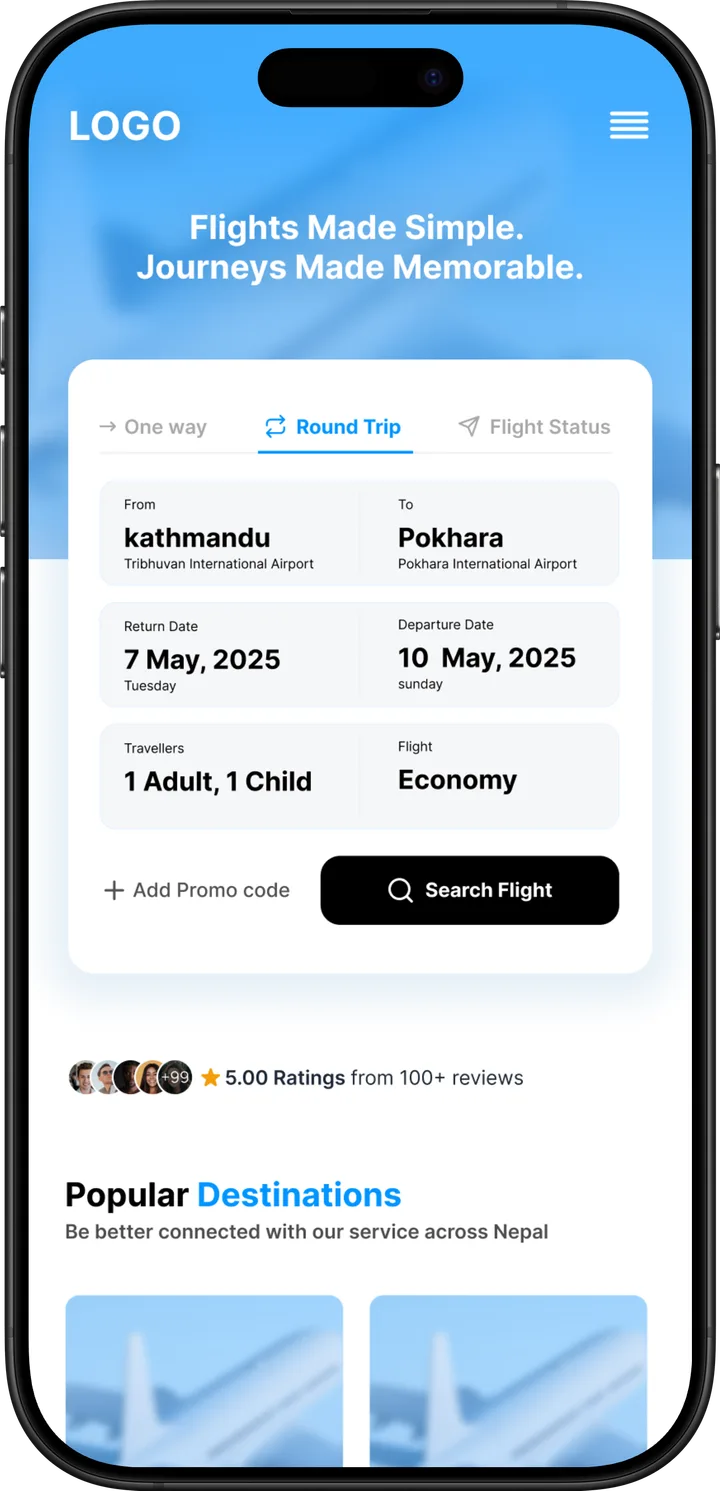 Flight booking mobile app concept — Kathmandu to Pokhara search screen